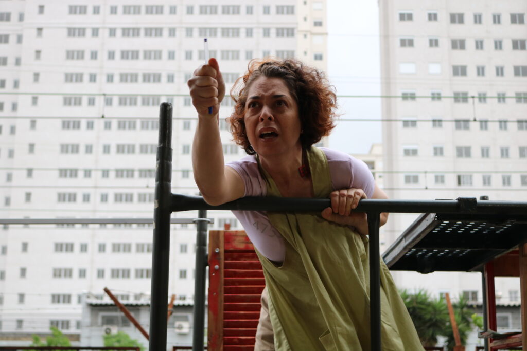 Rosana Pimenta em "Aos professores, aos miseráveis, a Paulo, adeus", do Núcleo Barro 3 / foto: Douglas Scaramussa